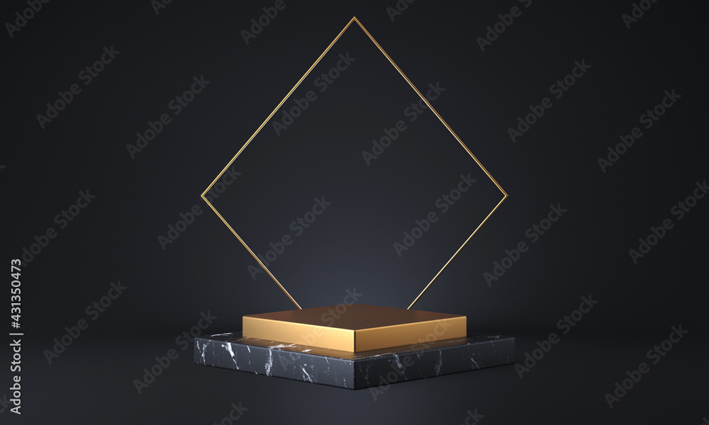 Black marble and gold product stand. Fashion showcase modern concept. 3D rendering Black marble and gold product stand. Fashion showcase modern concept. 3D rendering