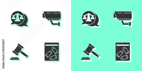 Set Evidence bag and bullet, Scales of justice, Judge gavel and Security camera icon. Vector