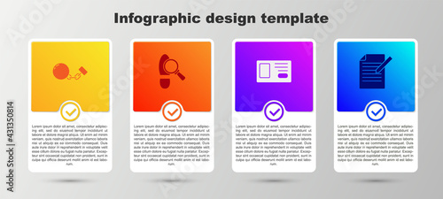 Set Ball on chain, Footsteps, Identification badge and Document and pen. Business infographic template. Vector