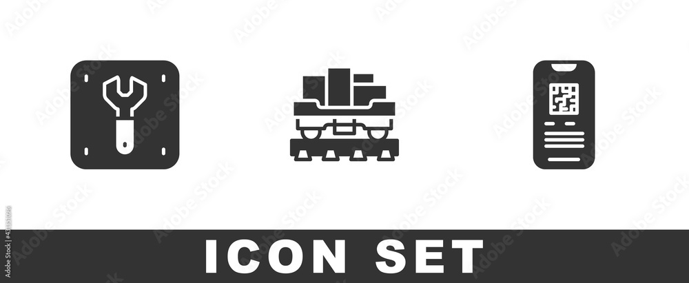 Set Repair of railway, Cargo train wagon and E-ticket icon. Vector Set Repair of railway, Cargo train wagon and E-ticket icon. Vector