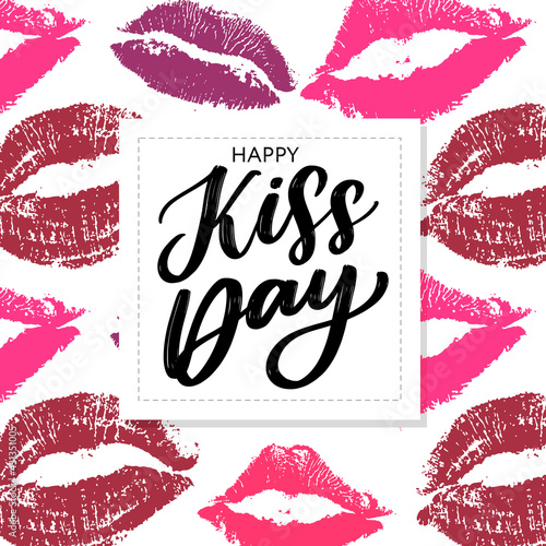 Kiss me greeting card, poster with pink hand drawn watercolor lips. Vector background with ink hand lettering.