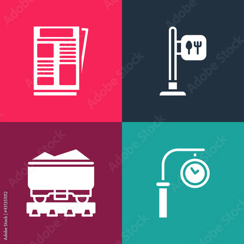 Set pop art Train station clock, Coal train wagon, Cafe and restaurant location and News icon. Vector