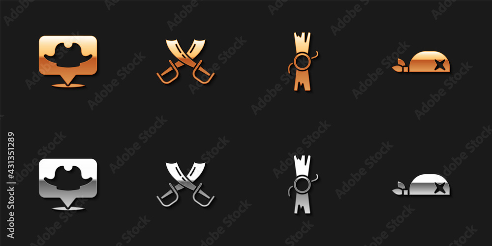 Set Location pirate, Crossed swords, Decree, parchment, scroll and Pirate bandana for head icon. Vector Set Location pirate, Crossed swords, Decree, parchment, scroll and Pirate bandana for head icon. Vector
