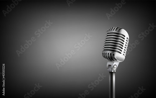 Vintage style microphone in studio. Banner with copy space