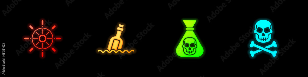 Obraz premium Set Ship steering wheel, Bottle with message water, Pirate coin and Skull on crossbones icon. Vector