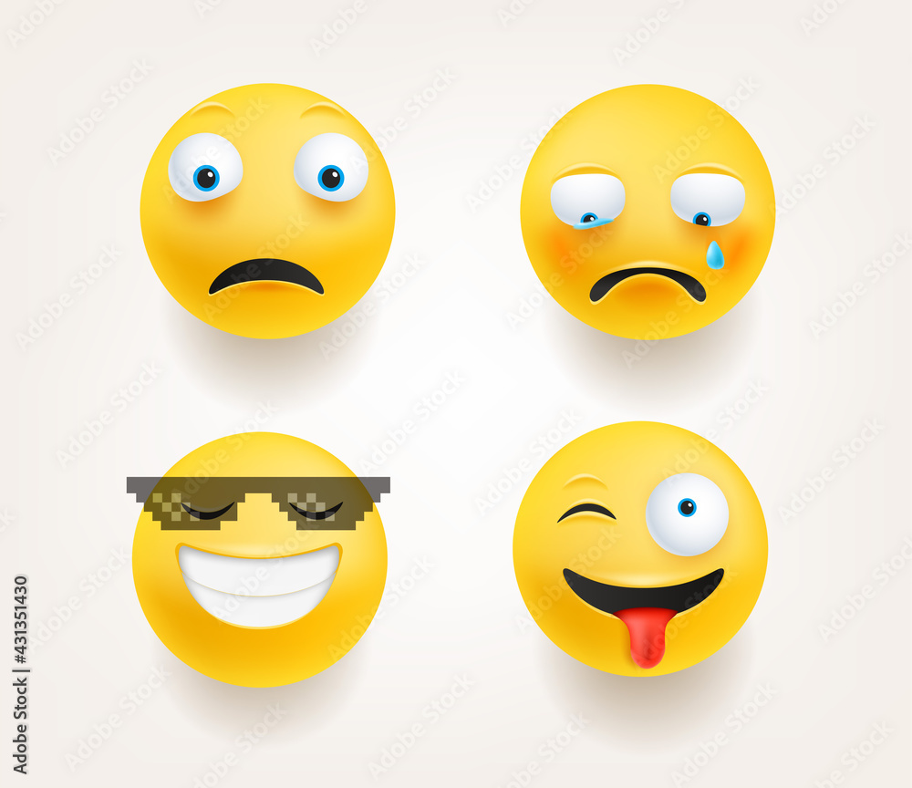 Emoticons in cute 3d style vector set isolated on white. Afraid, cry, boss, wink Emoticons in cute 3d style vector set isolated on white. Afraid, cry, boss, wink