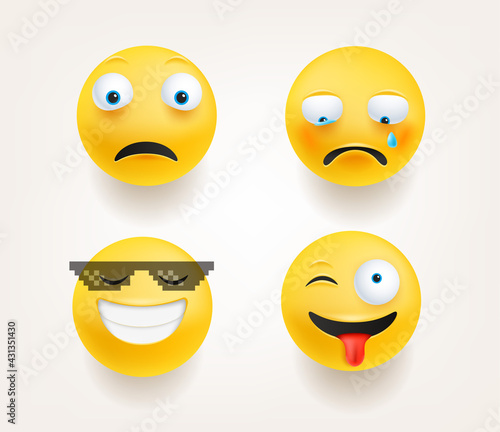 Emoticons in cute 3d style vector set isolated on white. Afraid, cry, boss, wink
