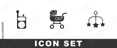 Set Baby Monitor Walkie Talkie, stroller and crib hanging toys icon. Vector