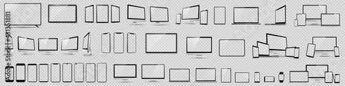 Set mockups of technology devices with empty display, device screen mockup collection, big realistic set mock up TV, computer, laptop, tablet, smartphone and watch with shadow - stock vector