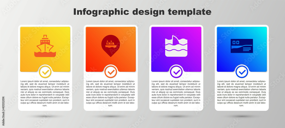 Set Cruise ship, Location with cruise, Shark fin in ocean wave and Postcard travel. Business infographic template. Vector Set Cruise ship, Location with cruise, Shark fin in ocean wave and Postcard travel. Business infographic template. Vector