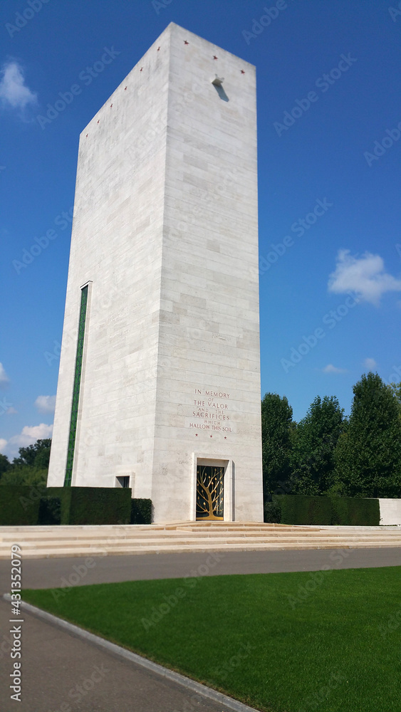 Margraten, The Netherlands - September 2, 2020: Netherlands American Cemetery and memorial site. Court of Honor and Tablets of the Missing. Summer sunny day