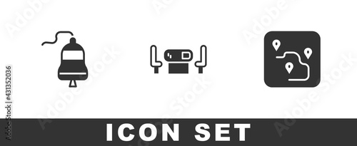 Set Ship bell, Poker table and Route location icon. Vector