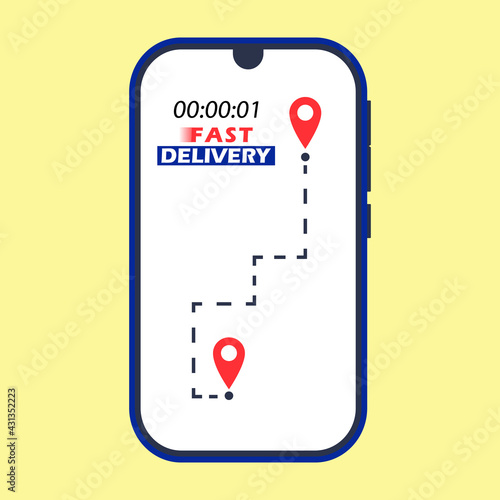 Super fast delivery. In-App Delivery Tracking. Yellow background. Vector.
