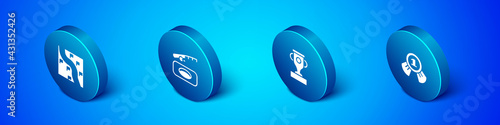 Set Isometric Route location, Award cup, Medal and Winter fishing icon. Vector