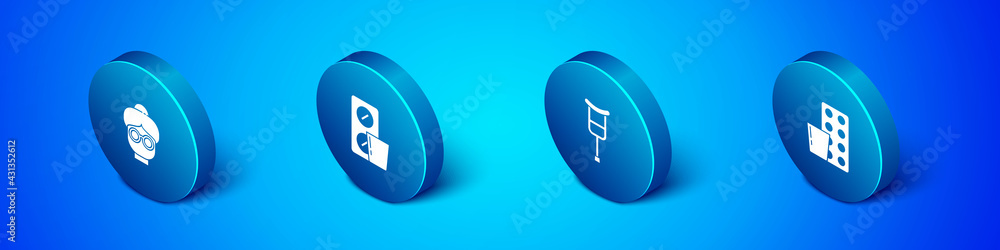 Set Isometric Grandmother, Crutch or crutches, Pills in blister pack and icon. Vector Set Isometric Grandmother, Crutch or crutches, Pills in blister pack and icon. Vector