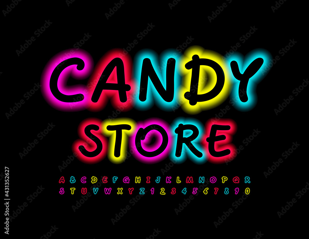 Obraz premium Vector Colorful Banner Candy Store. Bright Electric Font. Neon light Alphabet Letters and Numbers
