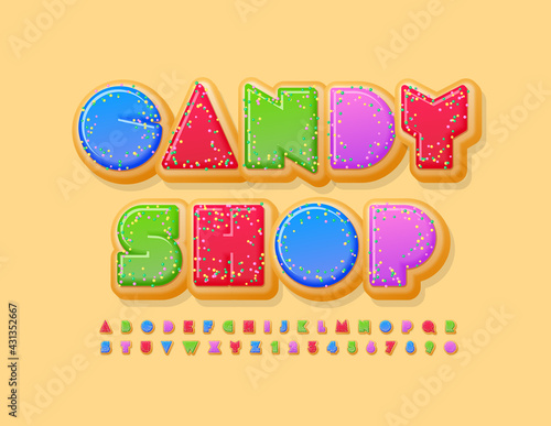 Vector sweet Emblem Candy Shop. Glazed Donut Font. Tasty creative Alphabet Letters and Numbers.