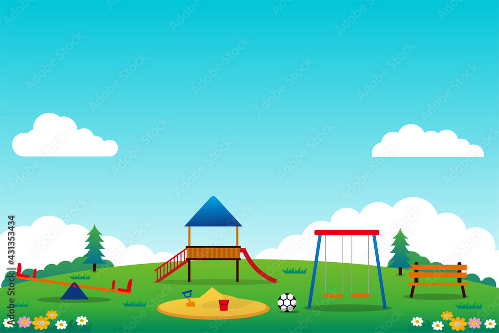 Playground for kids vector illustration with blue sky and flowers suitable for background or wallpaper