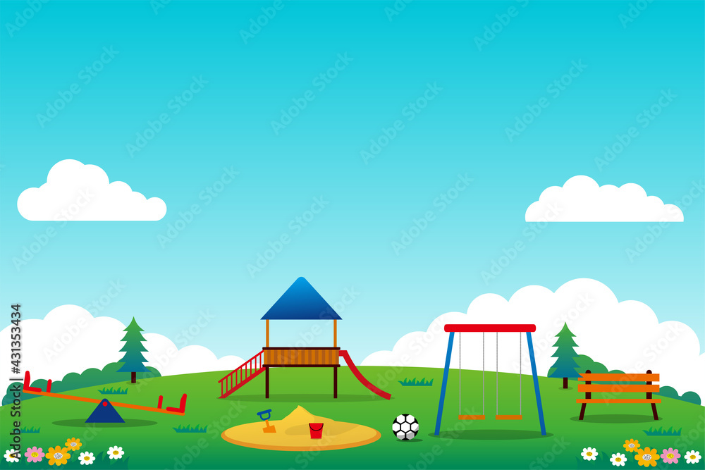 Fototapeta premium Playground for kids vector illustration with blue sky and flowers suitable for background or wallpaper