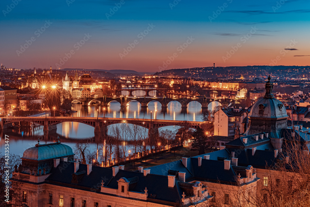 night, city, river, architecture, view, cityscape, bridge, skyline, panorama, sunset, old, travel, sky, water, europe, town, building, evening, prague