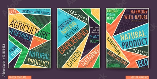 Gardening, Farming, Agriculture and Healthy Lifestyle Posters Set. A4 booklet template with typography composition. Vector banners