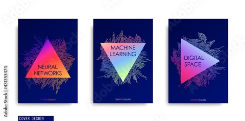Creative futuristic covers. Digital technology. Creative label from chaotic spreading structure of thin lines. Vector template