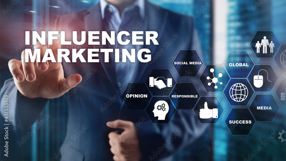Obraz premium Influencer marketing concept in business. Technology, Internet and network. Abstract background mixed media