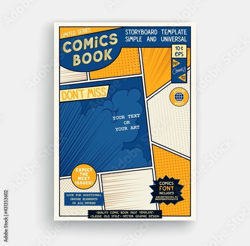 Comic book page template. Classic storyboard artwork. Comics magazine cover. Vector graphics