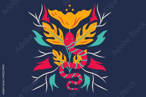 Snake with colorful leaves abstract design pattern