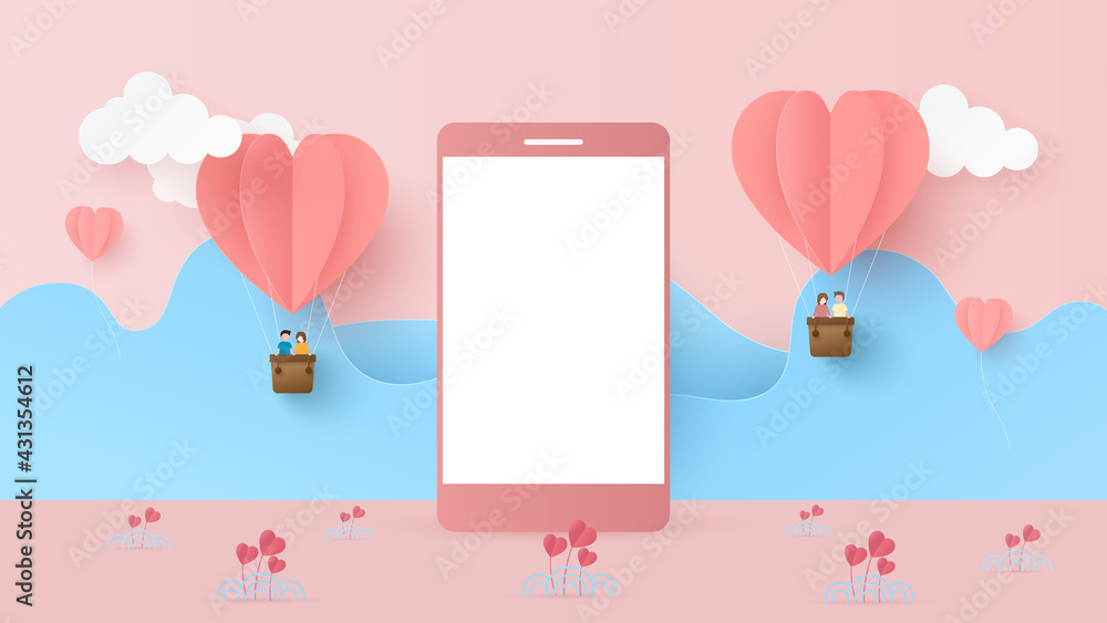 Happy valentines day banner with mobile phone blank screen. Heart balloons with couple joyful and smart phone to show product for festival love. Paper cut and craft style illustration