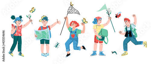 Group of cheerful summer kids, little tourists or campers, explorers cartoon vector illustration isolated on white background. Scouts or children little boys and girls at summer camp.