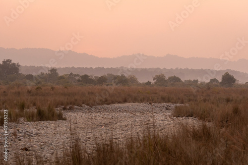 scenic landscape view of Ramganga River and mountains at dhikala zone of corbett national park or tiger reserve uttarakhand india