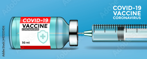 Covid-19 corona virus vaccination with vaccine bottle and syringe injection tool for covid19 immunization treatment. Creative design for Coronavirus vaccine vector background. Vector illustration.