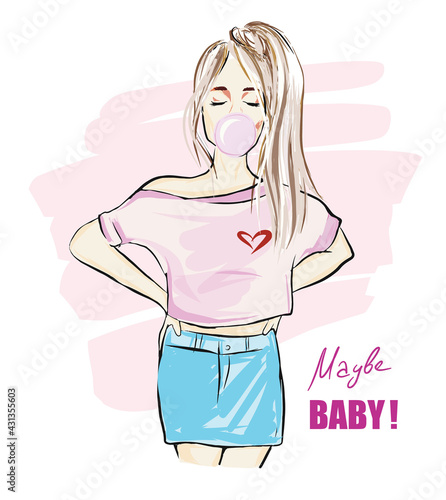 Hand drawn beautiful young girl with bubble gum. Stylish Fashion woman look. Sketch. maby baby slogan.Vector illustration.