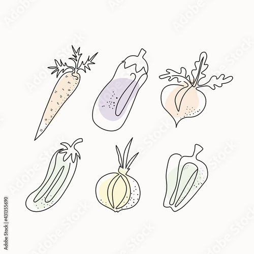 Set of vegetables in the style of line art. One line drawing. Vector graphics. Isolated background.