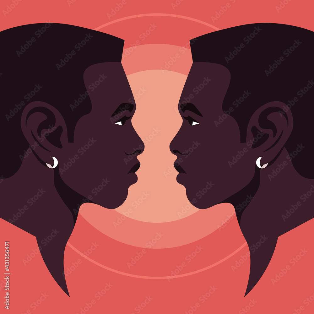 Portraits of two African guys in profile. The faces of the twin brothers on a red background. Human head side view. Vector flat illustration