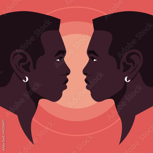 Portraits of two African guys in profile. The faces of the twin brothers on a red background. Human head side view. Vector flat illustration