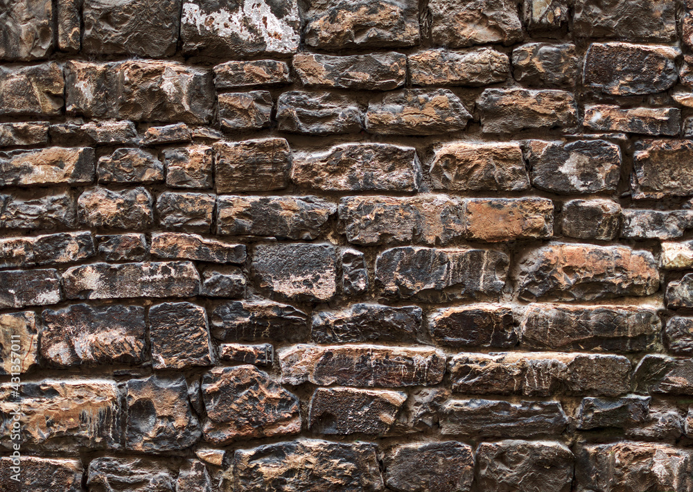Old grungy smudged retro grimy wall of Italy tower. Uneven dirty peeled ...