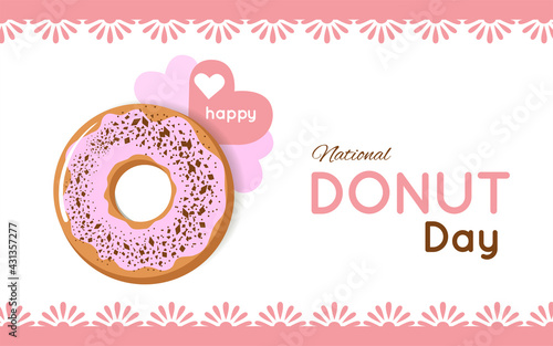 Happy Donut Day. Template for poster, banner, postcard, web greeting. Vector, isolated, on a white background.