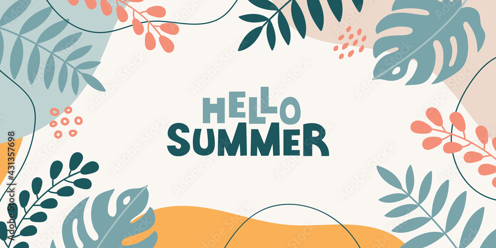 Hello summer colorful banner background with tropical leaves, flowers and lettering on white background. Modern summer design. Vector illustration	