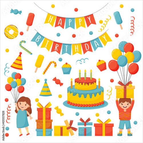 Cartoon birthday party decorations. Gifts presents  sweet cupcakes and celebration cake. Colorful balloons  carnival celebration food and candy. Isolated vector illustration icons set. 
