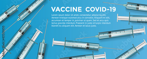 Vaccine COVID-19 vector icon. Syringe of medicine on blue background. Coronavirus concept. Health illustration banner.