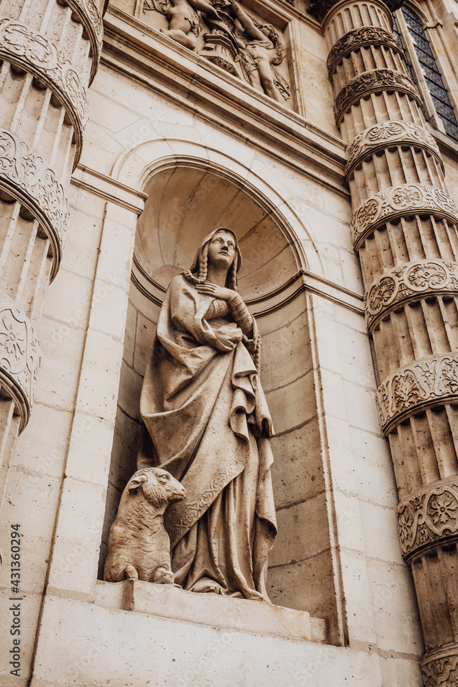 Sculpture on facade Church of Saint-Etienne-du-Monts in Paris, France. It was founded in 1494. Located next to Pantheon.