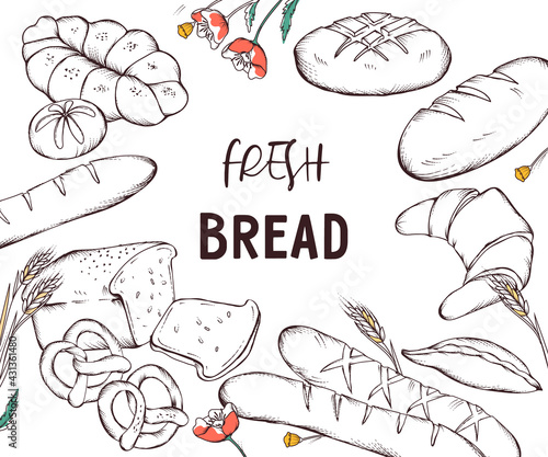 Banner or poster template with hand drawn image of various bread and  bakery production. Banner for  bakeshop or bakehouse, engraving sketch style vector illustration isolated on white background.