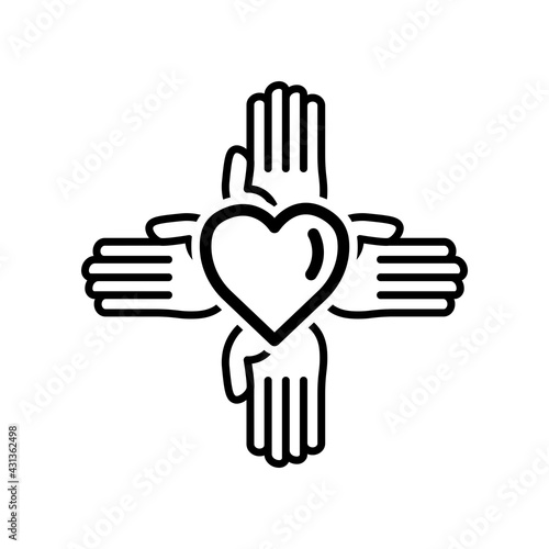 Four hands line icon with heart. charity symbol, donation, humanity. Editable stroke. Design template vector