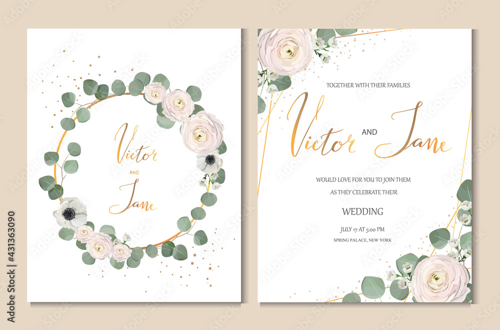 rose, anemone, ranunculus, chamelaucium, pink flowers and decorative eucaliptus leaves greeting design cards set. wedding invitation template, design concept