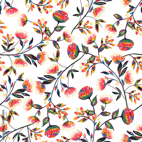 Retro Colourful hand drawn and painted meadow floral seamless pattern vector,Design for fashion , fabric, textile, wallpaper, cover, web , wrapping and all prints