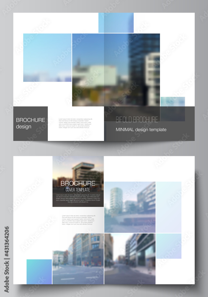 Vector layout of two A4 format cover mockups templates for bifold brochure, flyer, magazine, cover design, book design, brochure cover. Abstract design project in geometric style with blue squares