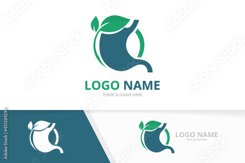 Business stomach and leaves logo combination. Premium gastrointestinal tract logotype design template.