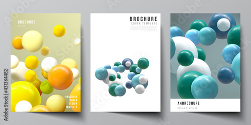 Vector layout of A4 cover mockups templates for brochure, flyer layout, booklet, cover design, book design. Abstract vector futuristic background with colorful 3d spheres, glossy bubbles, balls. © Raevsky Lab